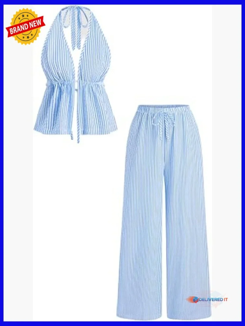 Women's 2 Piece Sets Striped Halter Top and Wide Leg Pants Matching Summer